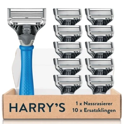 Afbeelding van Harry&#039;s nat scheerapparaat voor mannen, scheerset met blauwe handgreep, 10 reservescheermesjes, scheermesjes heren,