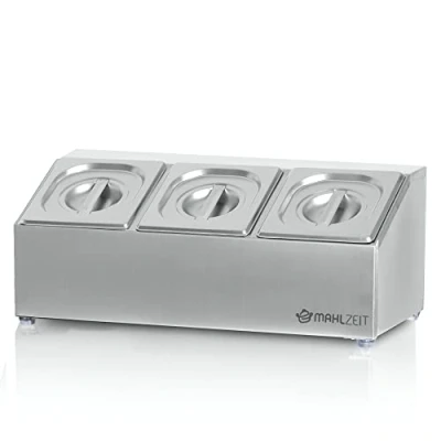 Afbeelding van Mahlzeit Roestvrijstalen ingrediëntenhouder, 3 x 1/6 GN cateringcontainer met rubberen voeten, 51 24,5 21,5 cm, cocktailingrediëntenhouder, bar voor gastronen, keuken, pizzastation,