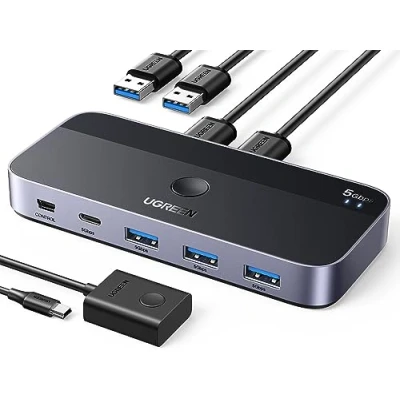 Afbeelding van UGREEN USB Switch 2PC met 1xUSB C Poort en 3xUSB A Poorten, 2 in 4 uit 3.0 switcher aluminium behuizing desktopcontroller auf Kabeln