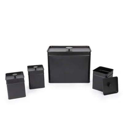 Afbeelding van Salter BW12614EU7 Kuro 4 delige keukenopbergset set van 3 kannisters, thee, koffie, suiker caddy, grote broodbak met deksel, zwart gepoedercoate afwerking, luchtdichte langdurige versheid,