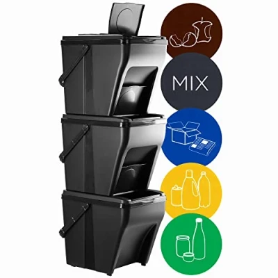 Afbeelding van KADAX Afvalscheidingssysteem, modulaire vuilnisemmer van kunststof, recycling emmer voor keuken en badkamer, sorteerdoos, bio afvalemmer, afvalsorteerder (3 x 25 l)