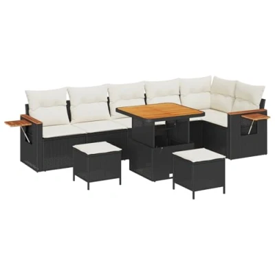 Afbeelding van vidaXL 9 delige Tuin Sofa Set met Kussens Zwart Poly Riet Acacia