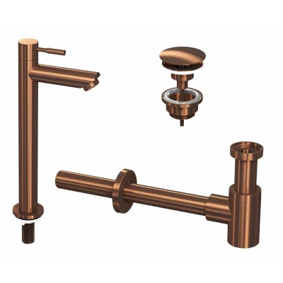 Afbeelding van INK 2A Fonteinkraanset staande Fonteinkraan hoog always open plug en Design Sifon Mat rose goud