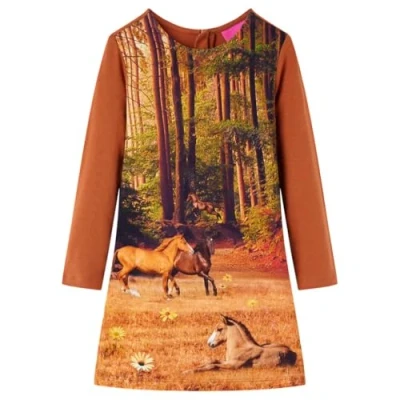 Afbeelding van Kinderjurk met lange mouwen paardenprint 116 cognackleurig
