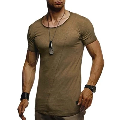 Afbeelding van Leif Nelson T shirt voor heren, zomer, ronde hals, 100% katoen, regular fit, kraag, casual basic heren met korte mouwen, Kaki, XXL