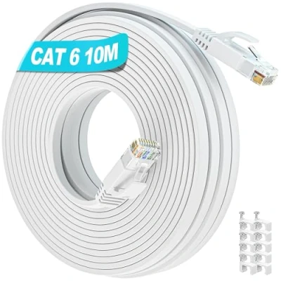 Afbeelding van LAN Kabel 10 Meter Cat 6, Netwerkkabel Flach 10m Wlan Wit Hoge windigheid Internet Dünn Gigabit RJ45 Patchkabel Flexibel Ethernet Lang compatibel met Cat.5 Cat.5e