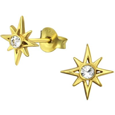 Afbeelding van JoyS Zilveren ster oorbellen 9 mm kristal 14k goudplating