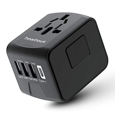Afbeelding van Travelhawk Universele Wereldstekker met USB C en 3 poorten Internationale Reisstekker voor 150+ landen