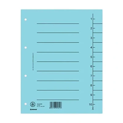 Afbeelding van DONAU 8610001 10 100 stuks tabbladen, kleur: blauw/karton register oversized van gerecycled karton 250 g/m² met lijnopdruk voor DIN A4 4 voudig perforatie tabbladen map