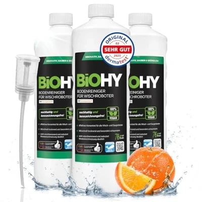 Afbeelding van BiOHY Vloerreiniger voor dweilrobot met sinaasappelgeur (3 x 1 liter) + doseerder, reinigingsmiddel concentraat alle dweilrobots, schuimarm en streepvrij, duurzaam 1:200