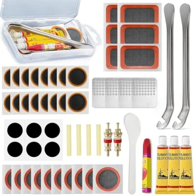 Afbeelding van AONAT 56 stuks fietsbandenreparatieset, metalen bandenlichter, draagbare fietsreparatieset, met zelfklevende patches voor fietsers, motorfietsen, BMX terreinvoertuigen
