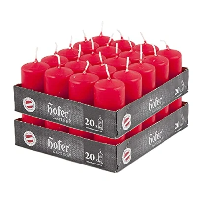 Afbeelding van ﻿Hofer Stompkaarsen 4 x 7 cm Set van 40 Decoratieve Blokkaarsen Kleur Rood Lange Brandduur uur Druppelwas Ongeparfumeerd RAL kwaliteit