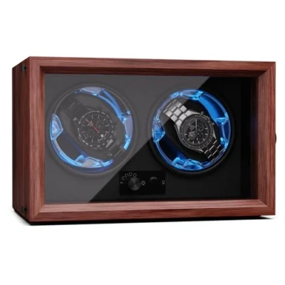 Afbeelding van Brienz 2 watchwinder, horloges, 4 modi, houten look, blauwe binnenverlichting