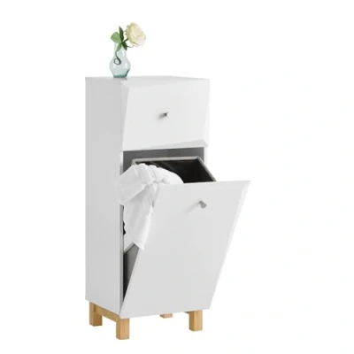 Afbeelding van SoBuy Badkamerkast, Smal Badkamerkastje, Lage Kast, Ladenkast, Halfhoge Opbergkast, Opbergplank, Badkamermeubel met 1 Lade en Kantelbare Wasmand voor Badkamer, Slaapkamer, Wit, 34x30x90cm, BZR93 W