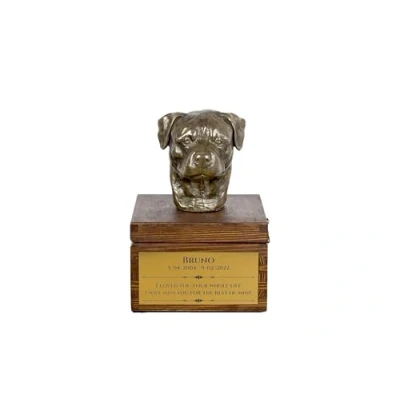 Afbeelding van Art Dog handgemaakte aangepaste hondenherdenkingsurn koudgegoten bronzen hondenkop op berkenbasis langdurige hondencrematiedoos 16x28x16cm Rottweiler
