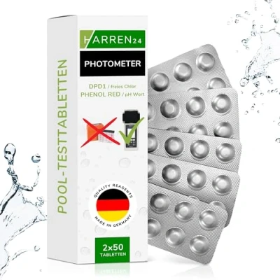 Afbeelding van harren24 fotometer testtabletten vrij chloor DPD1, pH waarde Phenol Red zwambadwatertester, zwembadtabletten voor wateranalyse, reagentia, geschikt Poollab, 60x, 100x, 200x (2x50 tabletten)