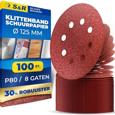 Afbeelding van S&amp;R Klittenband Schuurpapier 125 mm P80 Duurzame Schuurschijven met 8 Gaten voor Excentrische Schuurmachines en Materiaalverwijdering op Hout, Metaal, Kunststof, glas steen