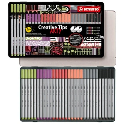Afbeelding van Pennenset met diverse puntdiktes STABILO Creative Tips ARTY metalen etui 30 stuks PASTEL in 6 verschillende kleuren