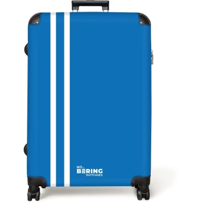 Afbeelding van NoBoringSuitcases.com® Koffer groot Reiskoffer lichtgewicht Helderblauwe achtergrond met dubbele witte zijstrepen links Rolkoffer 4 wielen Grote trolley XL 98 liter bagage
