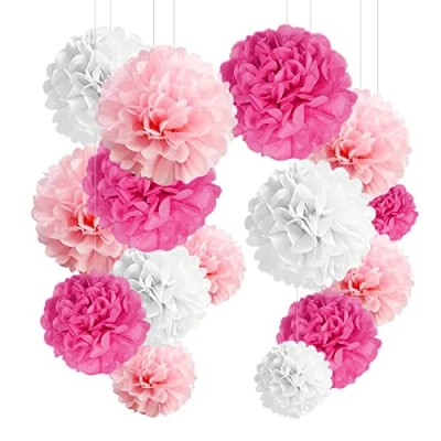 Afbeelding van YBwanli 24 stuks pompon zijdepapier, roze pompon, bruiloftsdecoratie, decoratie voor slaapkamer, meisjes, lantaarn, papier, doop, meisje