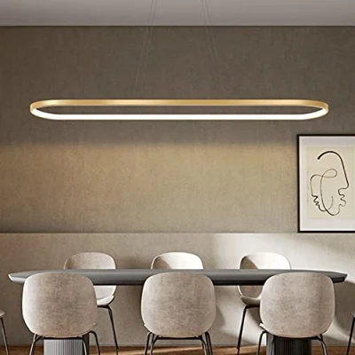Afbeelding van Bellastein hanglamp, ovaal, bureaulamp, led dimbaar, plafondlamp met afstandsbediening, modern ringdesign, kroonluchter voor eettafel, eetkamer, keukenlamp, niet verblindend (L 90 cm, goud)