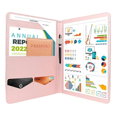 Afbeelding van NEWYES Conferentiemap A4 Business Document Padfolio, persoonlijke organizer map met klembord, vijlmouw, kaarthouder, zakken voor kantoorwerk (roze)