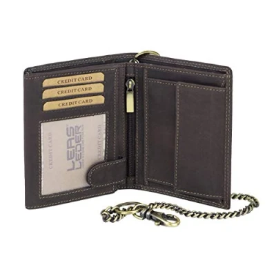 Afbeelding van Leas Mcl Biker portemonnee voor dames en heren met ketting vintage stijl, echt leer, Bruin, 10 x 12 cm, 10x12cm