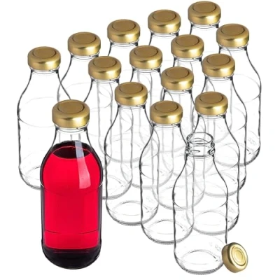 Afbeelding van KADAX Lege glazen flessen, 0,33 l, met schroefdop, set van 8/16/24 stuks, sapflessen, kleine flessen om te vullen voor melk, sap en smoothies (16 stuks)