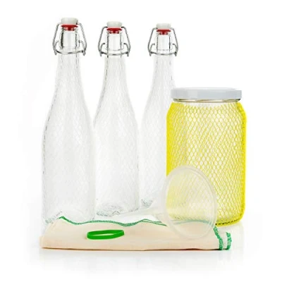 Afbeelding van myFERMENTS Knutselset voor dranken kombucha, kefir, bier bevat groot glas (2 l), 6 glazen flessen met luchtdichte sluiting, 750 ml, trechter en mousseline.