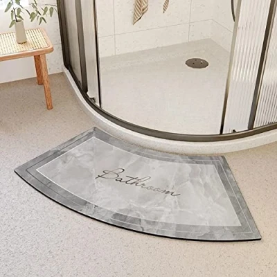 Afbeelding van Sneldrogende hoekdouchemat, antislip gebogen badmat voor ronde douche, zacht absorberend, sectortapijt badkamer, comfortabele voetmat/pad, grijs