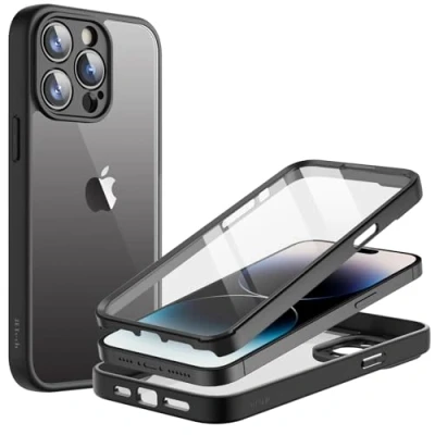 Afbeelding van JETech Case voor iPhone 14 Pro 6,1 Inch met Screen Protector Ingebouwde Anti Krassen, 360 Graden Volledige Lichaam Rugged Telefoon Hoesje Transparant Achterkant (Zwart)