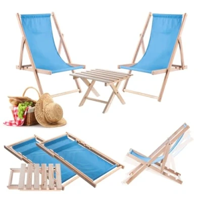 Afbeelding van KADAX Klaptafel met 2 ligstoelen, kleine tuintafel van hout, bijzettafel voor balkon en tuin, koffietafel, klein, balkontafel, inklapbaar (blauw)