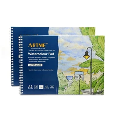 Afbeelding van ARTME A3 Aquarel Pad (2 Pack) x 12 Sheets/300gsm/Stevig Textured/Koud geperst/Cellulose Zuurvrij/Premium Kwaliteit Tekening Schetsboek Aquarelle &amp; Gouache Schilderen