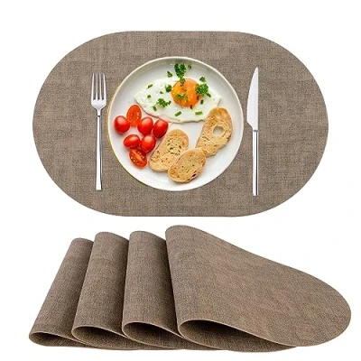 Afbeelding van Placemats PU lederen placemats, wasbare hittebestendige tafelmatten, set van 4, antislip, voor eetkamer, keuken, ovaal, bruin