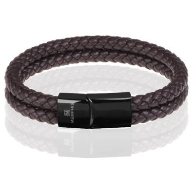 Afbeelding van Memphis dubbele leren armband Donkerbruin Zwart 22cm