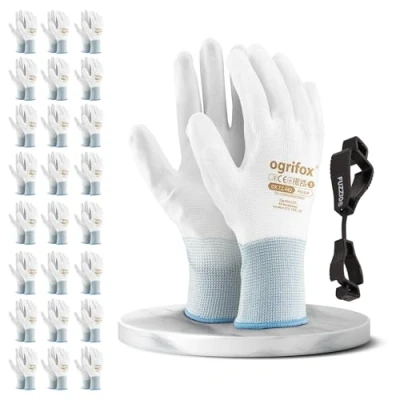 Afbeelding van 24 paar PU gecoate werkhandschoenen Gardening Mechanic en FUZZIO clip handschoenhouder (M 8, wit)