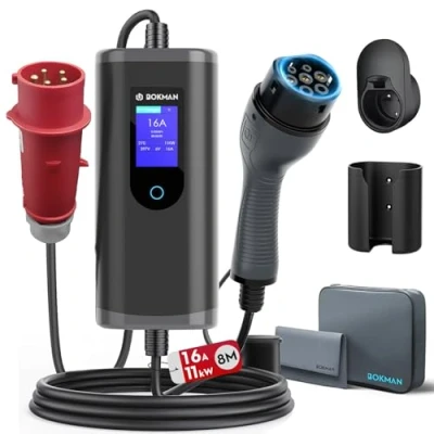 Afbeelding van bokman EV oplader type 2 tot 5 pins CEE stekker, 8M / 11kW 6 16A instelbare stroom 3 fase IP65 waterdicht, oplaadkabel voor elektrische auto&#039;s met stekker LED display
