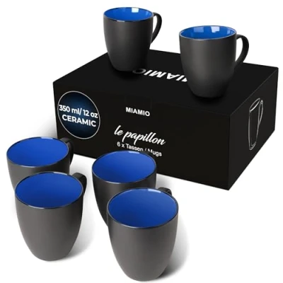 Afbeelding van MIAMIO 6 x 350 ml aardewerk koffiemokken/beker set zwarte buitenkant kleurrijke binnenkant (Blauw)
