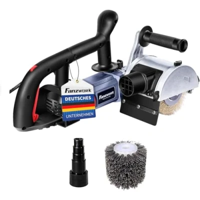 Afbeelding van FANZWORK V2 Satijnen machine, 1500 watt, slijpmachine, borstelschuurmachine voor het renoveren van alle soorten oppervlakken, met stofzuigeraansluiting, toerentalregeling, kogelgreep, messing en nylon