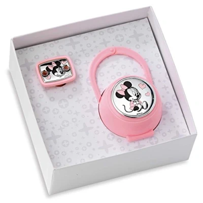 Afbeelding van Disney Clip fopspeen, fopspeenketting met doos van zilver ideaal als geschenk voor geboorte of doop (roze)