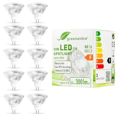 Afbeelding van 10x greenandco® LED spot vervangt 35 Watt MR16 GU5.3 halogeenspot, 3W 300 lumen 2700K warm wit 38 12V AC/DC, niet dimbaar