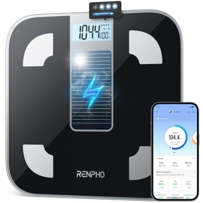 Afbeelding van RENPHO personenweegschaal, lichaamsvetweegschaal op zonne energie, batterijloze weegschaal met Bluetooth en lichaamsvetanalyse, weergave van lichaamsvet spiermassa via app, max. 180 kg, Elis