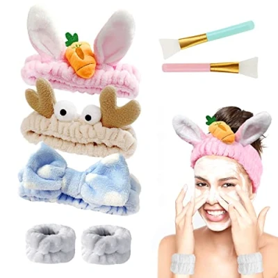 Afbeelding van 3 stuks pluche hoofdband met 1 paar armbanden en 2 siliconen maskerborstels, elastische zachte haarband, koraal fleece hoofdband, make up