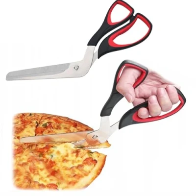 Afbeelding van pizza schaar, cutter, pizzasnijder met handvat, keukenschaar, mes, roestvrij staal, scherpe snijmes, cutter mes