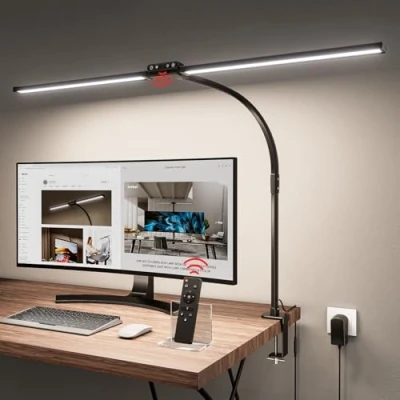 Afbeelding van Jeebel LED Bureaulamp Dimbaar 24W 80cm Tweekoppige Tafelklemlamp met Afstandsbediening, 9,5cm Clip, Flexibele 360 Verstelbare Hals, Oogbescherming, 10 Kleurenmodi &amp; Helderheidsniveaus