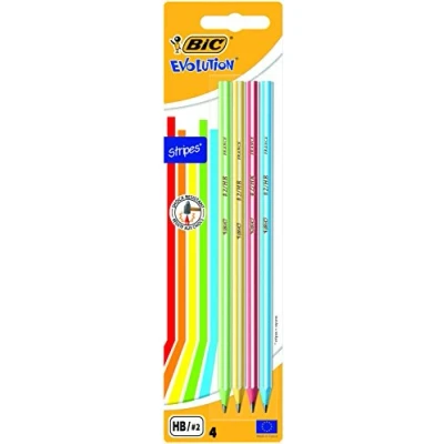 Afbeelding van BIC Evolution Stripes HB Grafiet Potloden Verschillende Kleuren Lichaam, Pak van 4 Stuks