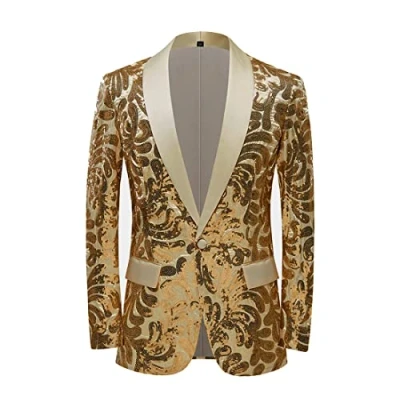 Afbeelding van PYJTRL Herenblazer met elegant satijnen gezicht en pailletten, bloemenpatroon, goud, 50