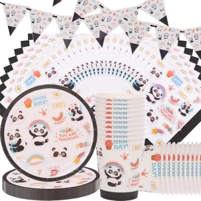 Afbeelding van Doyomtoy Serve Partyservies voor kinderen, 20 gasten, panda, verjaardag, feestservies, banner, borden, kopjes, servetten feestaccessoires, verjaardag