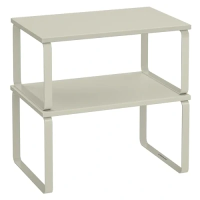 Afbeelding van SONGMICS Kruidenrek, set van 2 keukenorganizer, keukenplank, kastorganizer keuken, uitbreidbaar, kleine plank, stapelbaar, materiaal metaal en hout, cappuccinobeige KCS002K01