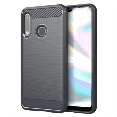 Afbeelding van Cadorabo Hoesje geschikt voor Samsung Galaxy A70e in BRUSHED GRIJS Beschermhoes van flexibel TPU siliconen roestvrij staal carbonvezel look Case Cover